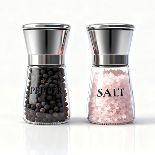 Salt and Pepper Grinder Set of 2 - Refillable Mills & Shakers with Adjustable Coarseness, Easy Clean for Kitchen, Restaurant & Outdoor (Silver)
