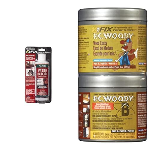 PC ProductsWood Repair Bundle, PC-Petrifier Water-Based Wood Hardener, 8 oz, Milky White and PC-Woody Wood Repair Epoxy Paste, Two-Part 6 oz, Tan