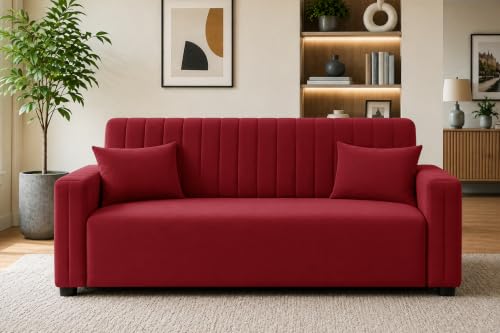 Image of Modern 3 Seater Sofa | Vertical Channel Tufted Backrest & Armrests | Plush Cushioned Seating | Contemporary Upholstered Couch for Living Room, Bedroom & Office - Red Color