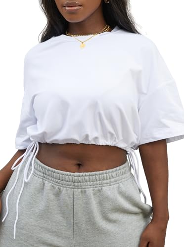 LovelyWholesale Graphic Tees for Women Drawstring Crop Tops Summer Short Sleeve T Shirts4