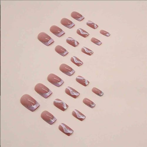 Foccna Coffin French Press on Nails Fake Nails Pink Swirls Cute Women's False Nails Medium LongDaily Artificail Nails for Women and Girls-24Pcs - Image 3