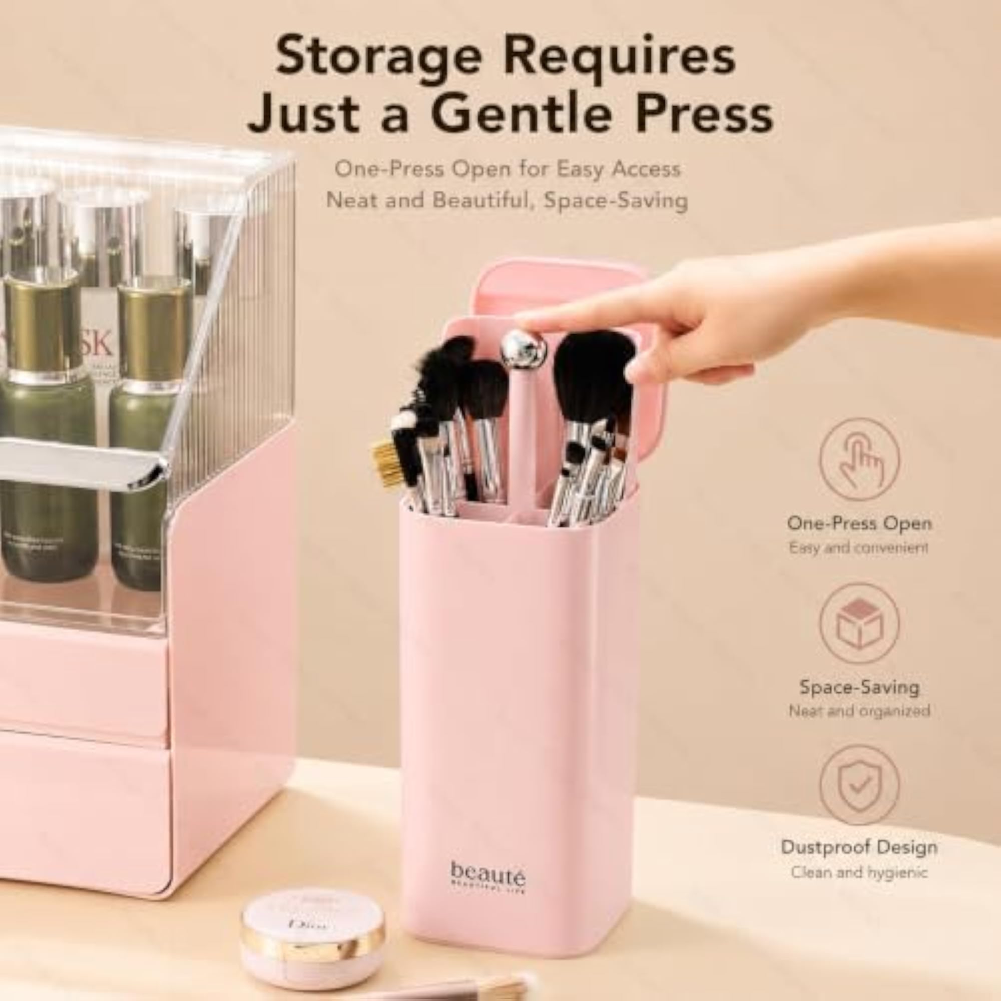 Automatic Lifting Makeup Brush Holder, 4 Compartments