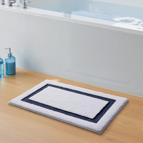 Image of Color&Geometry White Bathroom Rugs 24x16, Extra Soft Absorbent Microfiber Bath Rug, Non-Slip Bathroom mat, Washable Plush Bath Mats for Bathroom, Shower, Bathtub, Laundry, Small, White Blue