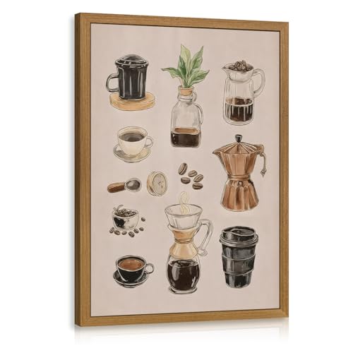 CAZLOUC Retro Coffee Wall Art Illustration Espresso Tea Brewing Wall Decor Vintage Abstract Cafe Poster Print Minimalist Farmhouse Canvas Artwork for Kitchen Living Room Wood Framed 12x16 Inch
