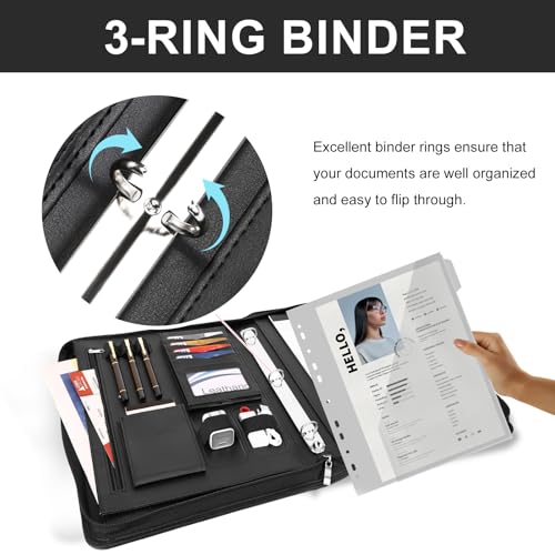 Image of Leathario Portfolio Binder, Includes 5 Folder Index Dividers,1 Hole Punch,13 Inch Tablets Organizer with Handle, Vegan Leather A4 Padfolio, Multi-Pocket Notepad Business Planner Professional Document