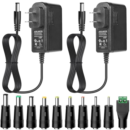 UL Listed 12V 2A AC/DC Adapter, 12 Volt 2 Amp 24W Power Supply with 10 Tips for LED Strip Lights, CCTV Cameras, Routers, 12V Wall Wart Transformer Charger, 5ft Power Supply Cord Included (2 Pack)