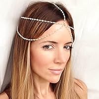 Wendalern Boho Cadena de cabeza de perla en capas Diadema de cadena de pelo de perla Tocados de boda de perla Tocado de perla dorada Accesorios decorativos para el cabello para mujeres y niñas