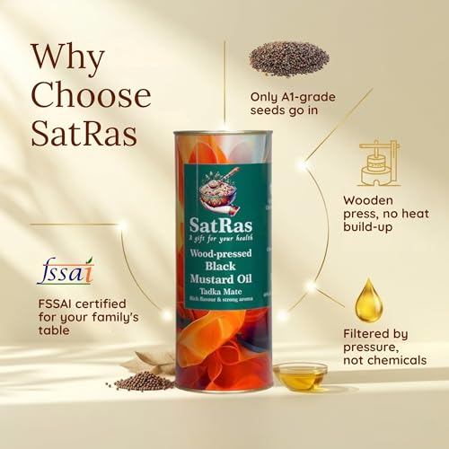 Image of SatRas Wood Pressed Mustard Oil 1 Ltr | Cold Pressed Kachi Ghani Sarso Oil | Wooden Kolhu Extracted Black Mustard Oil | Rich in Omega 3, 6 & Vitamin E, Unrefined, Chemical Free, Pure Indian Edible Oil