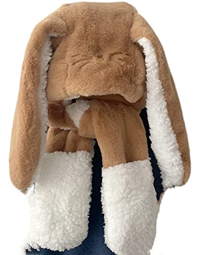 Image of Women Cute Rabbit Ear Plush Beanie Cap Outdoor Fluffy Bunny Hat Scarf Set Indoor Warm Thick Fleece Animal Hoodie