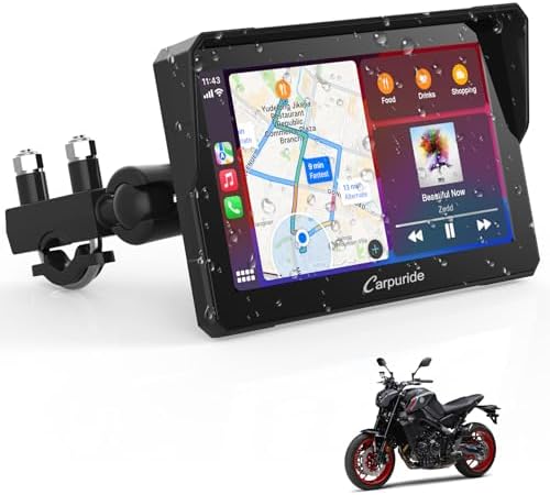 Carpuride W702 Motorrad GPS Carplay Bildschirm 7 Zoll | Kabelloses CarPlay und Android Auto, Tragbarer Wasserdichter Touchscreen, Bluetooth Trans, Navigation, Siri.