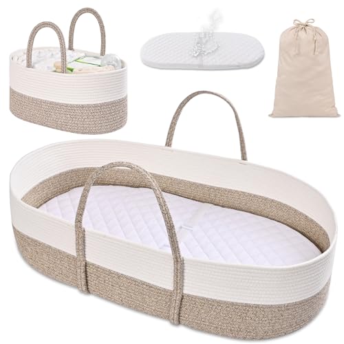 Degeyoyo Changing Baskets Set Moses Basket with Pad and Diaper Caddy Set of 2 Baskets Portable Cotton Rope Woven Basket Baby Care Pad Gifts for Newborn 28.7 x 15.7 x 7.8Brown