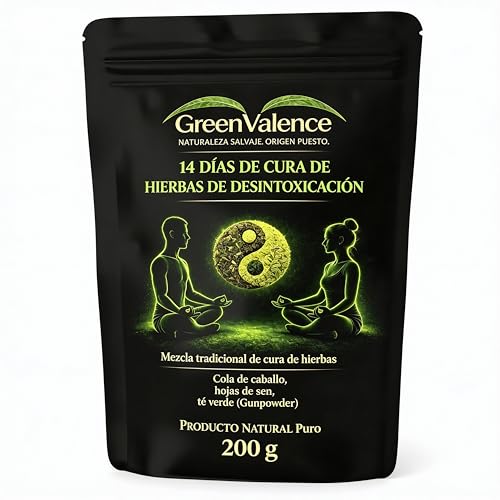 GreenValence Infusión de Hierbas Detox 14 Días - Mezcla de Té Verde, Hojas de Sen y Cola de Caballo - Infusión de Hierbas Natural para Rutina de 14 Días - Sin Aditivos (200 g)