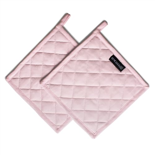 Image of Encasa XO Heat Resistant Cotton Pot Holders with Hanging Loop - Set of 2 - Light Pink & Light Grey - Multipurpose Quilted Everyday Hot Pad for Kitchen, Camping, BBQ & Microwave - 21 cm
