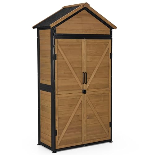 M MCombo Gartenschrank Gartenhaus Holz Metgallgestell Wetterfest, Gerätehaus Outdoor, für Außenbereich Garten Terrasse, Geräteschuppen mit 2...