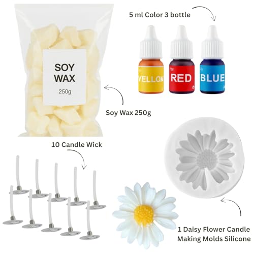 Image of Candle Making Kit | Daisy Flower Candle Molds (6.5x6.5x2 cm) with 250g Soy Wax, 10 Wicks & 3 Pigment Colors | DIY Candle Making Supplies Set