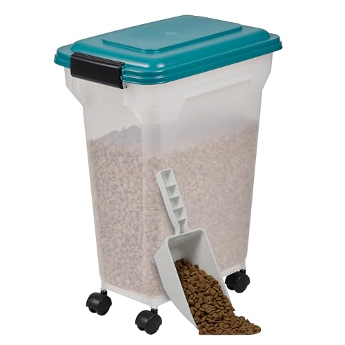 Iris Ohyama, Boite Croquette Chien Hermetique à Roulettes, 18L/7kg, Bleu Sarcelle, Couvercle à Rabat avec Joint Etanche, Plastique, pour Chien, Chat,...