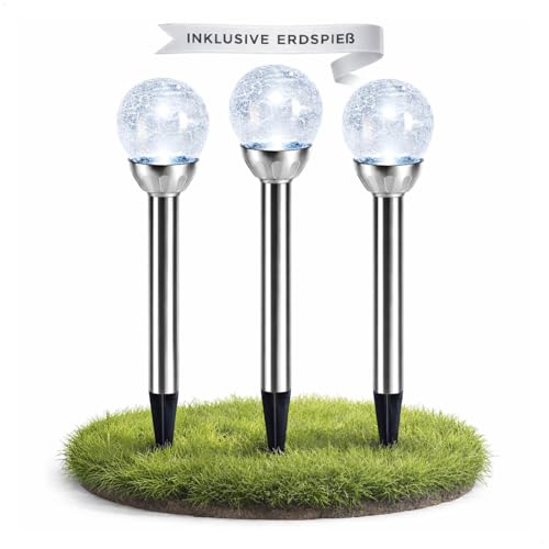 com-four® 3 lampes solaires LED jardin avec verre crackle – lampe solaire extérieure décorative – sphère lumineuse pour terrasse, pelouse et parterre...
