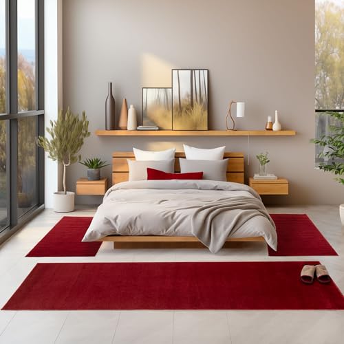 SIMPEX Bettvorleger Schlafzimmer Teppich Läufer Flur Bettumrandung Teppich Küchenläufer Kurzflor 3 Teiliger Set Einfarbiges Design Soft Extra Weich Farbe: Rot