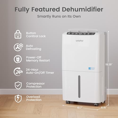 Waykar 2000 Sq. Ft Energy Star Dehumidifier for Home & Basement - Quiet 33dB, Auto/Manual Drainage, 0.6 Gallon Tank