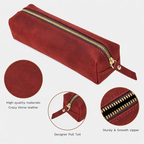 Image of ECHSRT Small Genuine Leather Pencil Pouch for Adults, Red | Crazy Horse Leather Finish, Compact Writing Instrument Storage