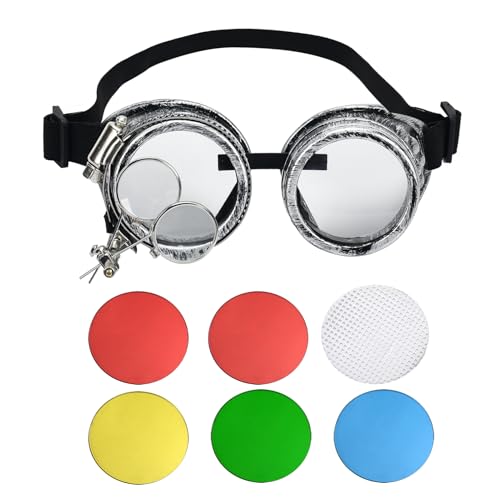 Steampunk Goggles SANGLE SOPFFY Steampunk Glasses Vintage Goggles Changeable Colored Lens & Ocular Loupe (silver)