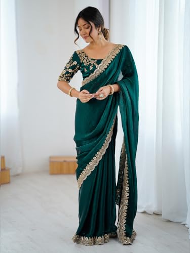 Image of AKHILAM Women's Tissue Embroidered Scalloped Border Saree With Embroidered Unstitched Blouse Piece