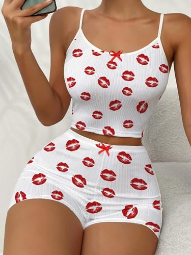 Image of Hilinker Womens Graphic 2 Piece Pajama Set Summer Cute Crop Cami and Shorts Ribbed Lounge Sets