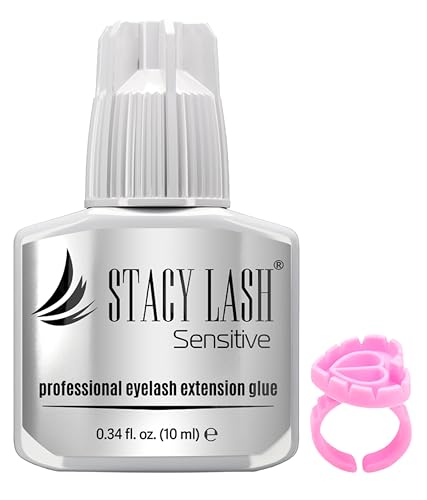 STACY LASH Sensitive Eyelash Extension Glue 0.34fl.oz/10ml / 5-6 Sec Drying time/Retention – 4-5 Weeks/Professional Black Adhesive/Lash Tech Supplies Includes Glue Ring