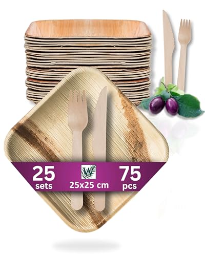 Waipur Assiette Jetable en Feuille de Palmier avec Couverts - 25 pcs. Carrées 25x25 cm, Couteaux et Fourchettes - Vaisselle Naturelle et Élégante -...