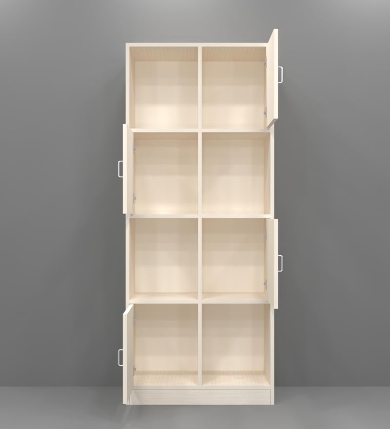 Image of SPECIALITY PANELS 8 Door Bookshelf with 4 Shutters and 4 Open Compartments, Light Wood Finish, 69x29x14 Inch Storage Unit