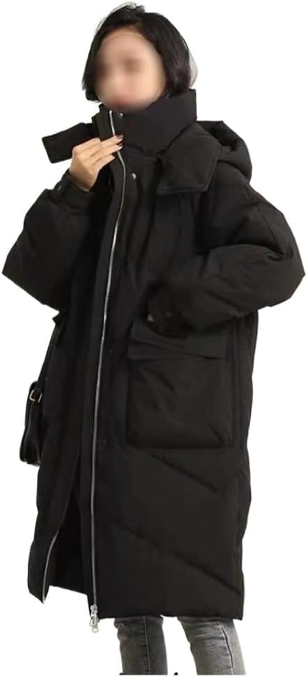 Women's Black Down Jacket Warm Knee Length Hood Warm Jacket with Hat for Women