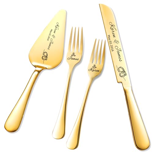 EDSG Personalized Wedding Cake Knife and Server Set Wedding Gifts Custom Cake Cutting Set for Wedding Personalized Gold Cake Knife and Server Set Wedding Cutting Cake Set (Design 1)