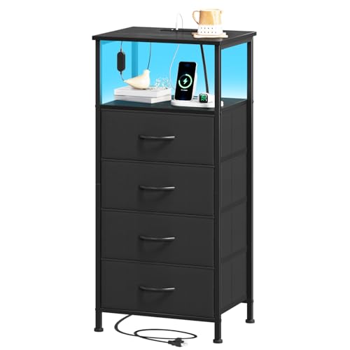 Somdot Nightstand with USB charging, 4 fabric drawers, LED light