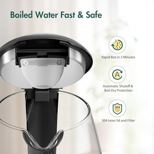 Brightown Electric Glass Kettle for Tea and Coffee, BPA-Free, Fast Boiling, Auto Shut-Off, 1.7 L, 1500W
