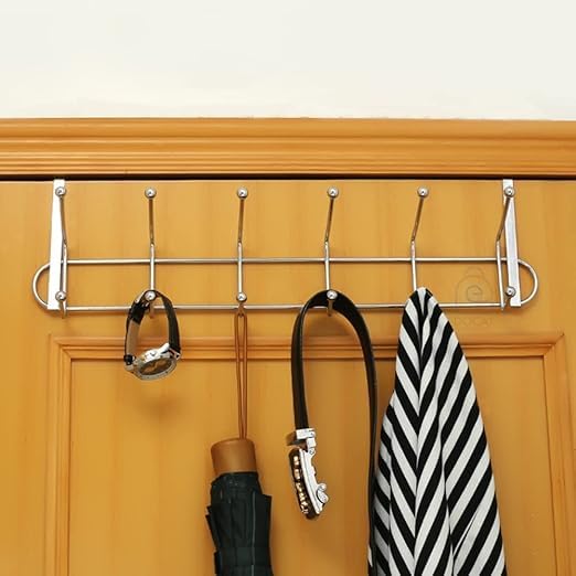Door Hanger for Cloth Hanging Over The Door Hook with 12 Portable Hooks Heavy Duty Cloth Hanger Rack for Hanging Clothes (12 Hooks Hanger) - Stainless Steel, Silver-image-18