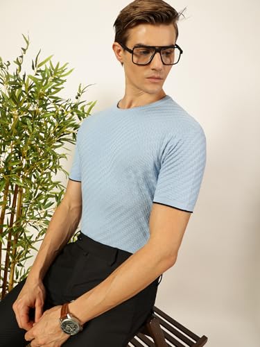 Image of Thomas Scott Men's | Textured | Half Sleeve | Slim Fit | 100% Cotton | Round Neck | Casual Tshirt