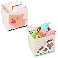 LIOUCBD 2 Pcs Toy Storage Box, 13 x 13 x 13 Inch Foldable Cube Storage Bins, Collapsible Fabric Animal Toy Bins Chest Basket for Kids Baby Toddlers Organizer (Cow & Pig)