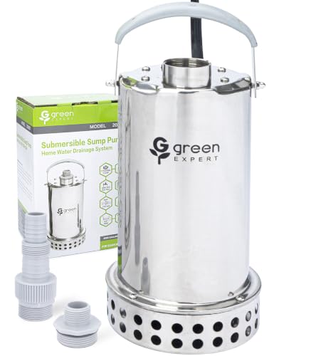 Green Expert 1HP Submersible Sump Pump, 4000GPH Full 304 Stainless Steel Manual Utility Pump with Adapter Kit, Oil-Free Top Discharge Water Removal for Basements, Pools, Hot Tubs & Drainage Pits