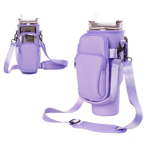 Bolsa de transporte para botella de agua Stanley de 30 y 40 onzas, bolsa de tela en relieve, bolsa para botella de agua con bolsillo extraíble para teléfono y correa de hombro ajustable, accesorios