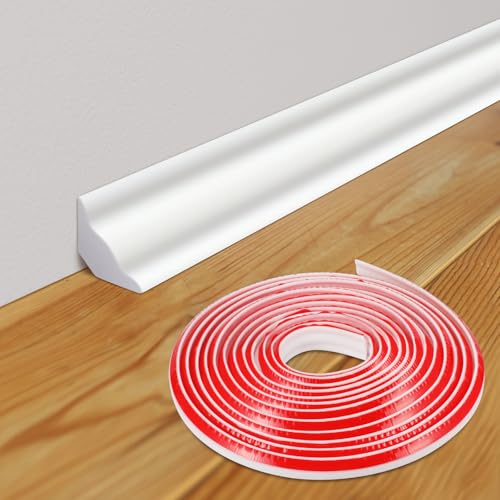 Frienda 1 Pcs 16.4 ft X 1/2 Inch White Peel and Stick Baseboard Molding Trim Flexible Self-Adhesive Wall Base Moulding Trim Quarter Round Caulk Strip TPE Protector Floor Edges Bathroom Kitchen