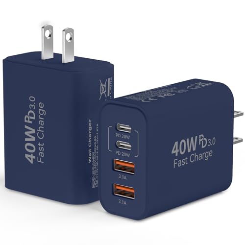 Image of USB C Wall Fast Charger Block, 40W 4-Port Type C Charger Fast Charging Blocks PD Power Charger Adapter+QC 3.0 USB Multiport Charger Brick for Phone 17 /16 /15 /14 /13 /12 Pro Max, Pad, GalaxyS25-Deep Blue