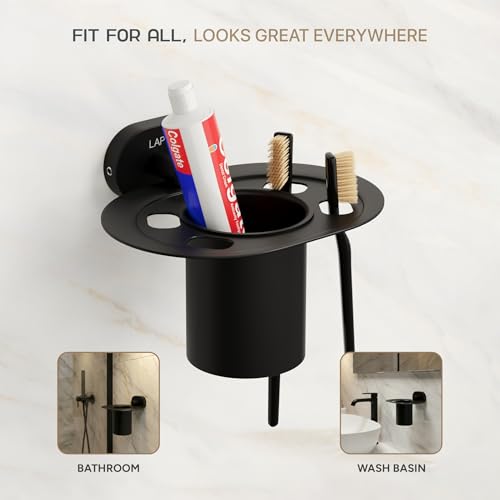 Image of LAPO Modern Tumbler Holder for Bathroom, 304 Stainless Steel Wall Mounted Cup Stand for Toothbrush & Daily Essentials, 25 Years Warranty (Black Finish) - KIK