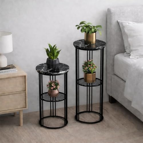 Image of Plant Stand Indoor Outdoor Metal, 2-Tier Modern Plant Shelf, Corner Flower Pot Holder, Plant Stand Table for Living Room Balcony Patio Garden Entryway Set Of 2 (Black & Black)