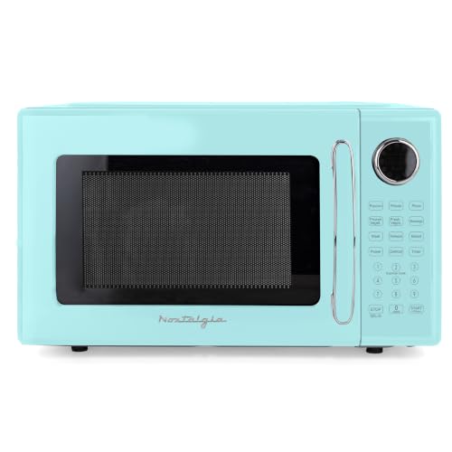 Image of Nostalgia Retro Microwave Oven - 1.1 Cu Ft, 1000-Watt Countertop Size with Glass Turntable, Child Safety Lock, 8 Auto-Cook Programs, Digital Clock - Aqua