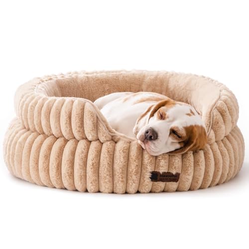 MEWOOFUN Elegante cuccia per gatti da interni, morbida, rotonda, per cani di taglia piccola e media, lavabile, calmante (cammello, L)