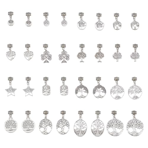 SUPERFINDINGS 32Pcs 16 Styles Tibetan European Dangle Charms Beads Alloy Tree of Life Charm Beads Antique Silver Dangle Spacer Beads Bails Connector for Jewelry Making Hole:1.6mm