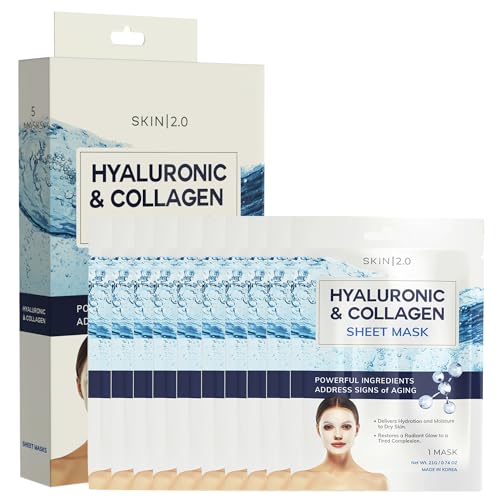 Image of Skin 2.0 Hyaluronic Acid & Collagen Sheet Mask - Hydrating, Anti-Aging, Firming - Dermatologist Tested Korean Skincare - Clean Beauty, Natural Ingredients, Cruelty-Free, All Skin Types - 10 Count