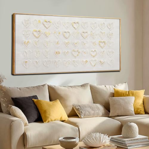 Image of White And Gold Wall Art For Living Room 3d Textured Large Canvas Pictures Love Heart Wall Paintings Framed Artwork Decor 29 inchx58 inch