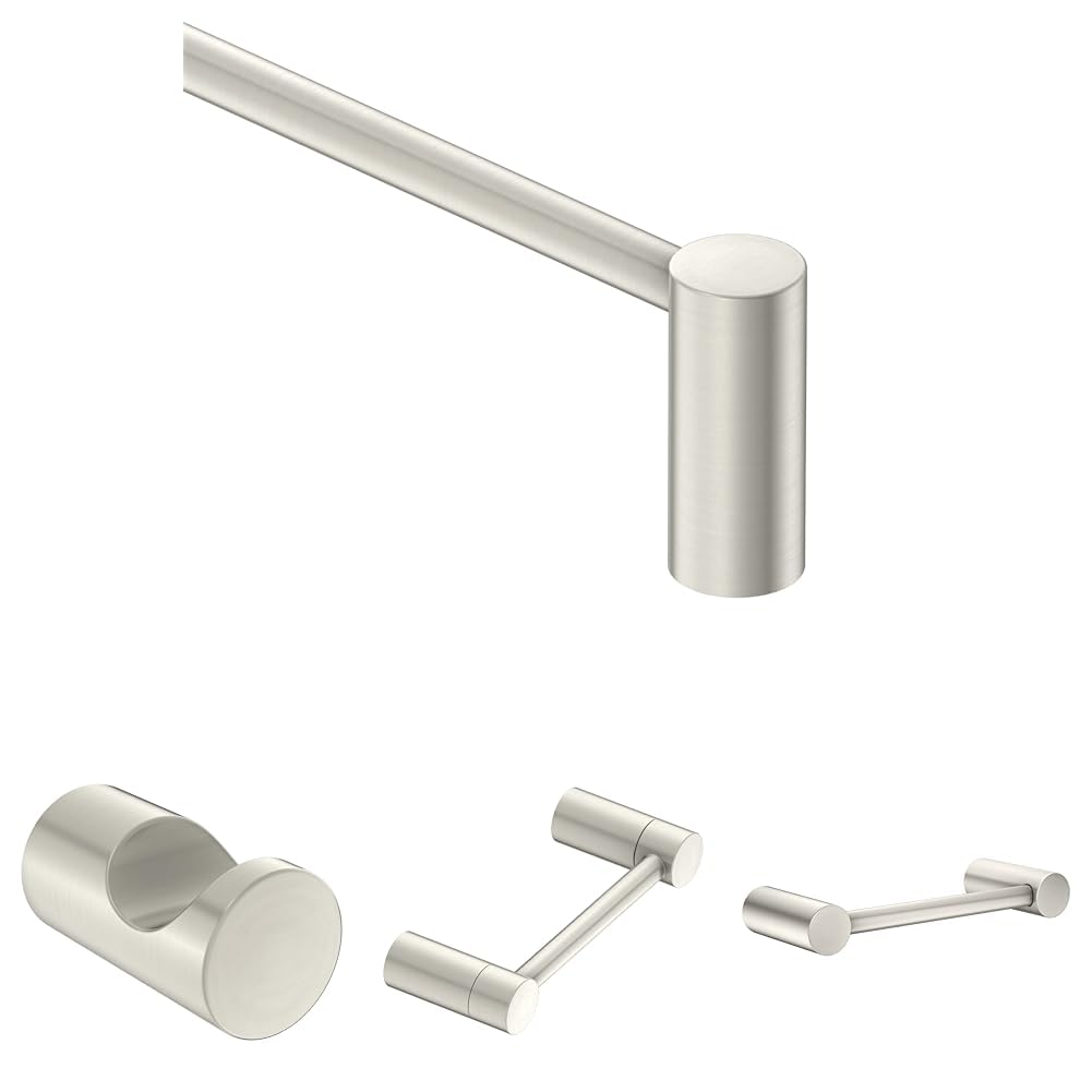 Moen Align Brushed Nickel Accessories Bundle Featuring Modern 24inch Bathroom Towel Bar, Robe Hook, Wall Mounted Double Post Pivoting Toilet Paper Holder, and 9inch Hand-Towel Bar