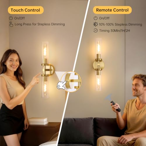 Image of Shenmoyl Set of 2 Wall Sconces, 7800 mAh Battery Operated Wall Sconce with 3 Colors & Remote Control, Gold Rechargeable Wall Lamp with Clear Glass Shade for Bedroom, Bathroom, Living Room, Hallway